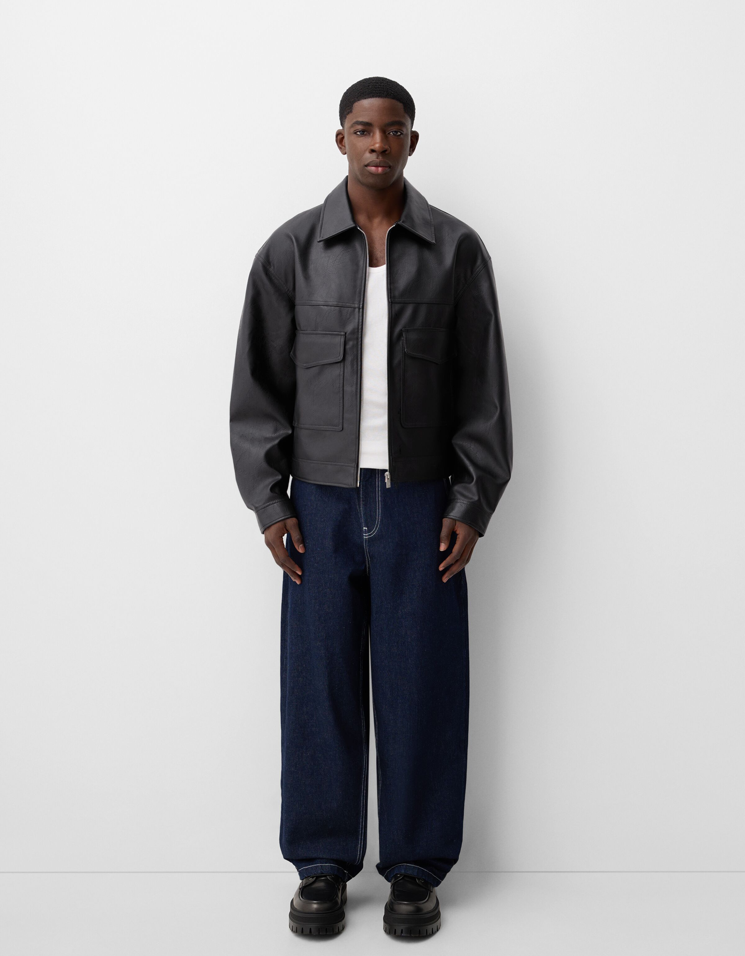 جاکت با جلوه چرم برند Bershka 541723126