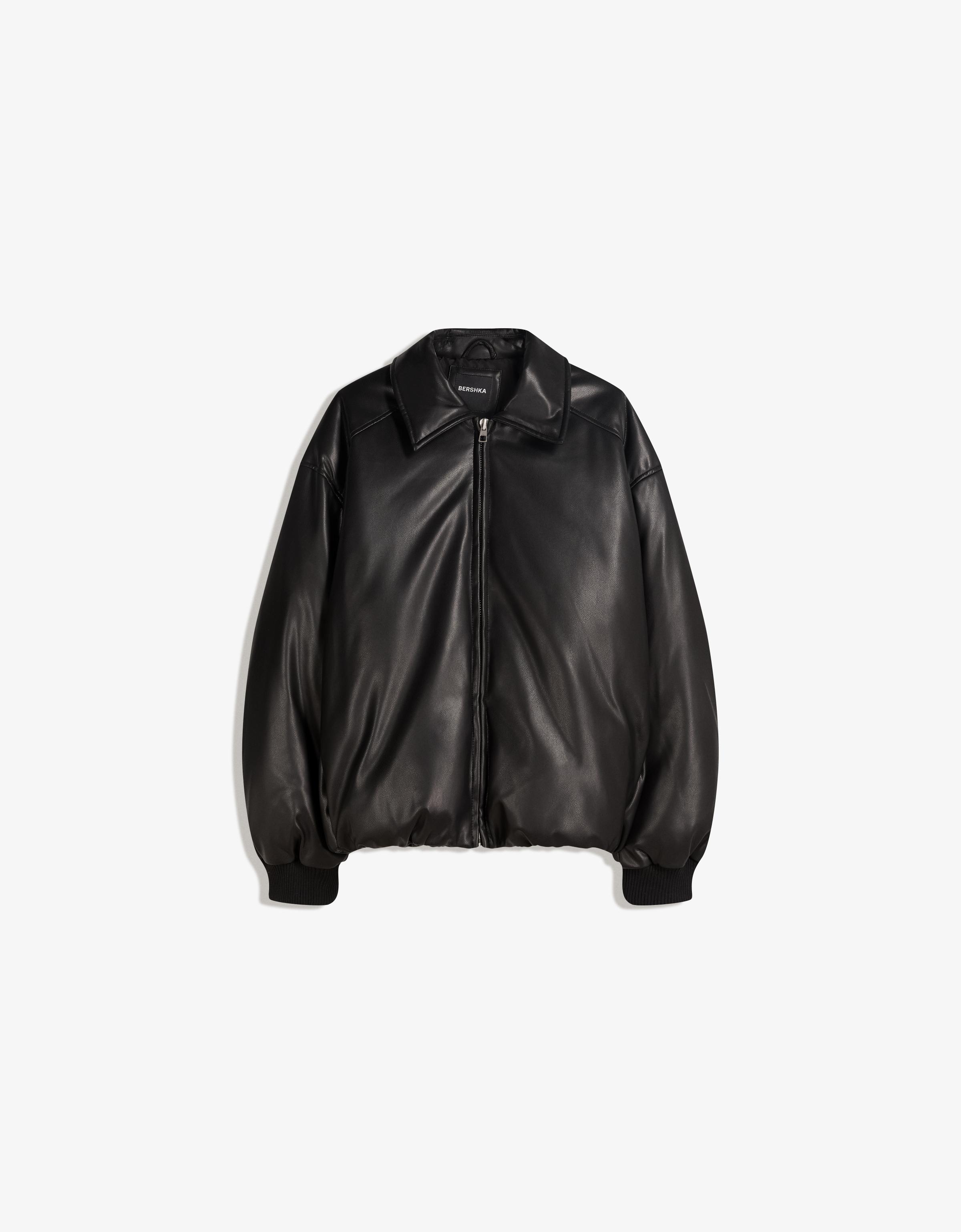 کاپشن پفی با جلوه چرم برند Bershka