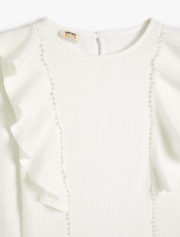 بلوز آستین بلند یقه گرد با جزئیات فرفری از جنس پنبه برند Koton 5299685
