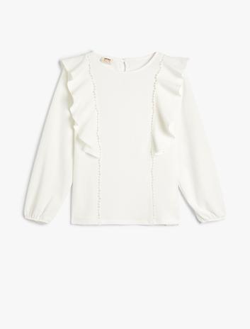 بلوز آستین بلند یقه گرد با جزئیات فرفری از جنس پنبه