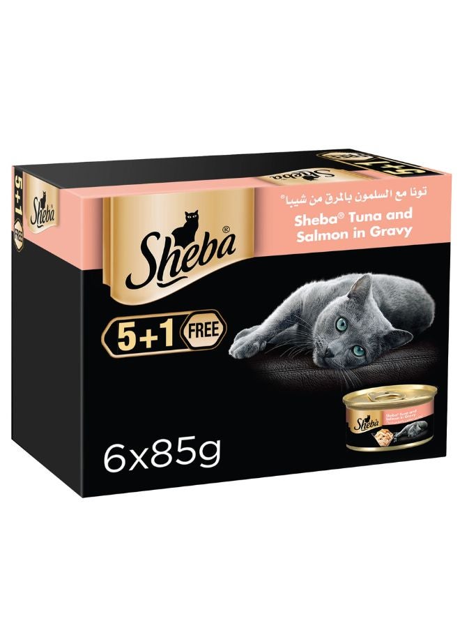 کنسرو غذای گربه تن و سالمون در سس ۸۵ گرم بسته ۶ عددی برند sheba