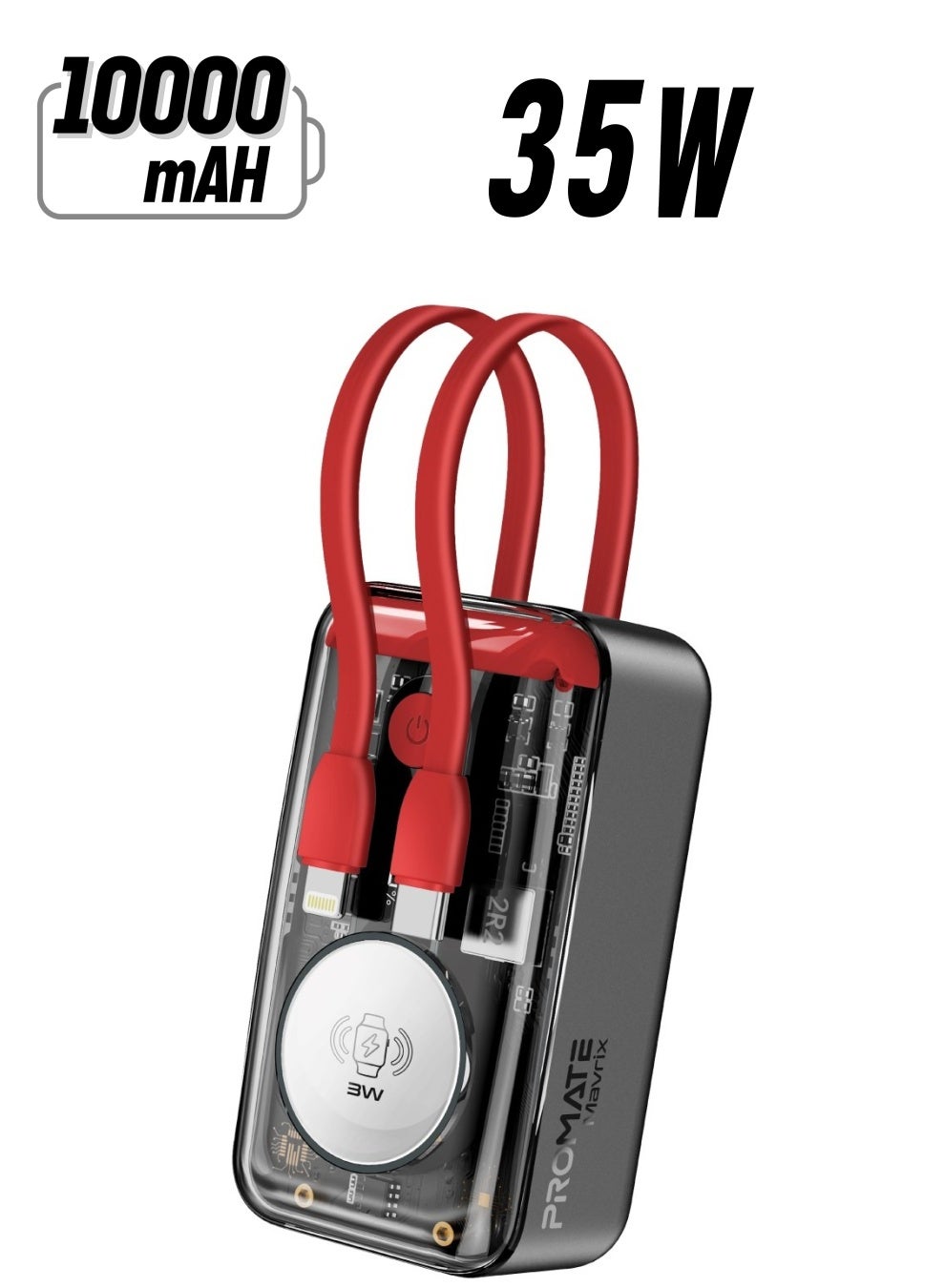پاوربانک با کابل‌های داخلی، پاوربانک شفاف، کابل USB-C PD 35W، کابل لایتنینگ 12W، پورت USB-C ورودی/خروجی و شارژر ساعت هوشمند 3W - موریس قرمز برند promate