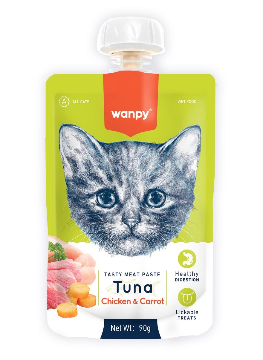 پاستا گوشت خوشمزه برند وانپی با طعم تن ماهی، مرغ و هویج برای گربه‌ها 90 گرم برند wanpy