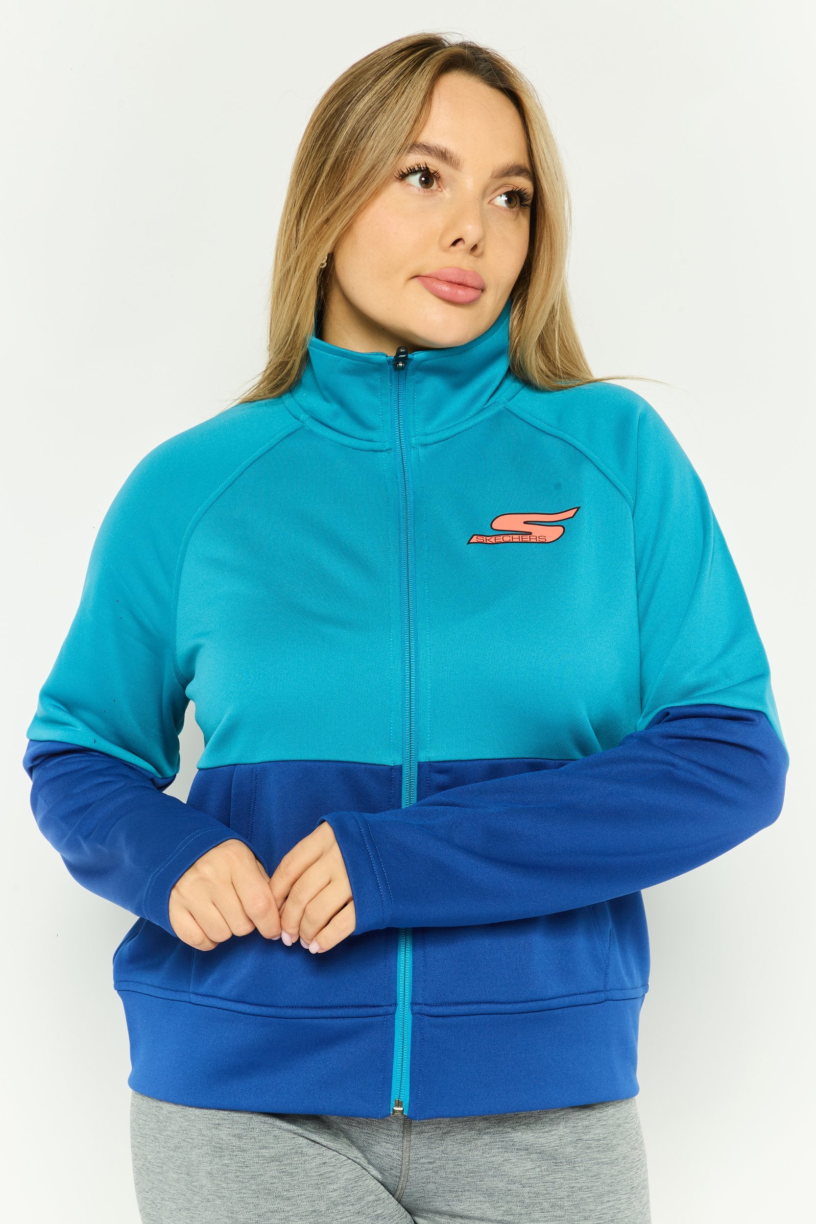 سویشرت ورزشی زنانه آبی با آستین بلند برند skechers