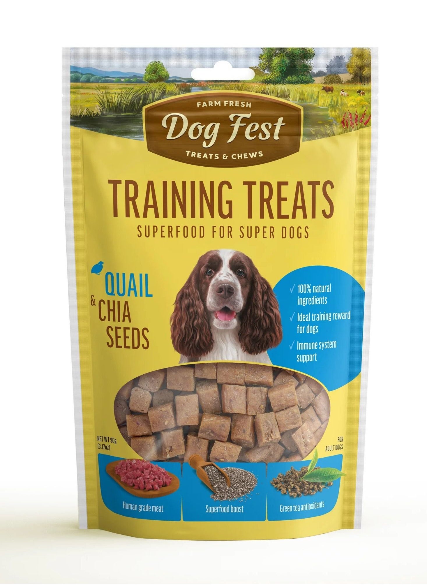 خوراکی آموزش سگ با طعم کبک و دانه چیا 90 گرم برند dog fest