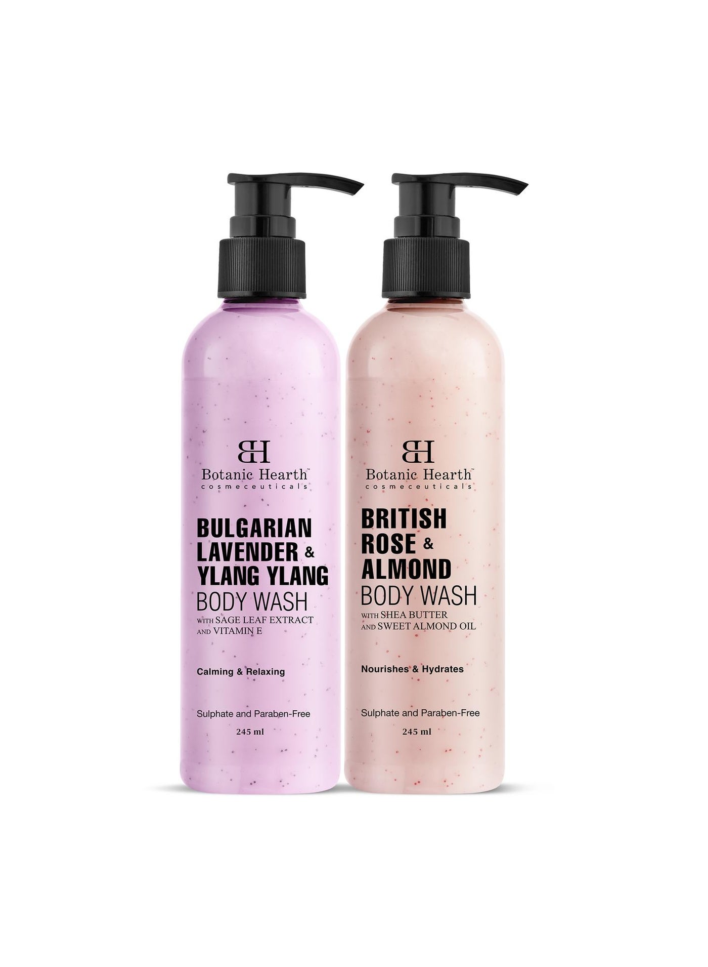 شامپو بدن گل سرخ بریتانیایی و بادام و شامپو بدن اسطوخودوس بلغاری و یلانگ یلانگ (بسته ۲ عددی) برای مردان و زنان برند botanic hearth