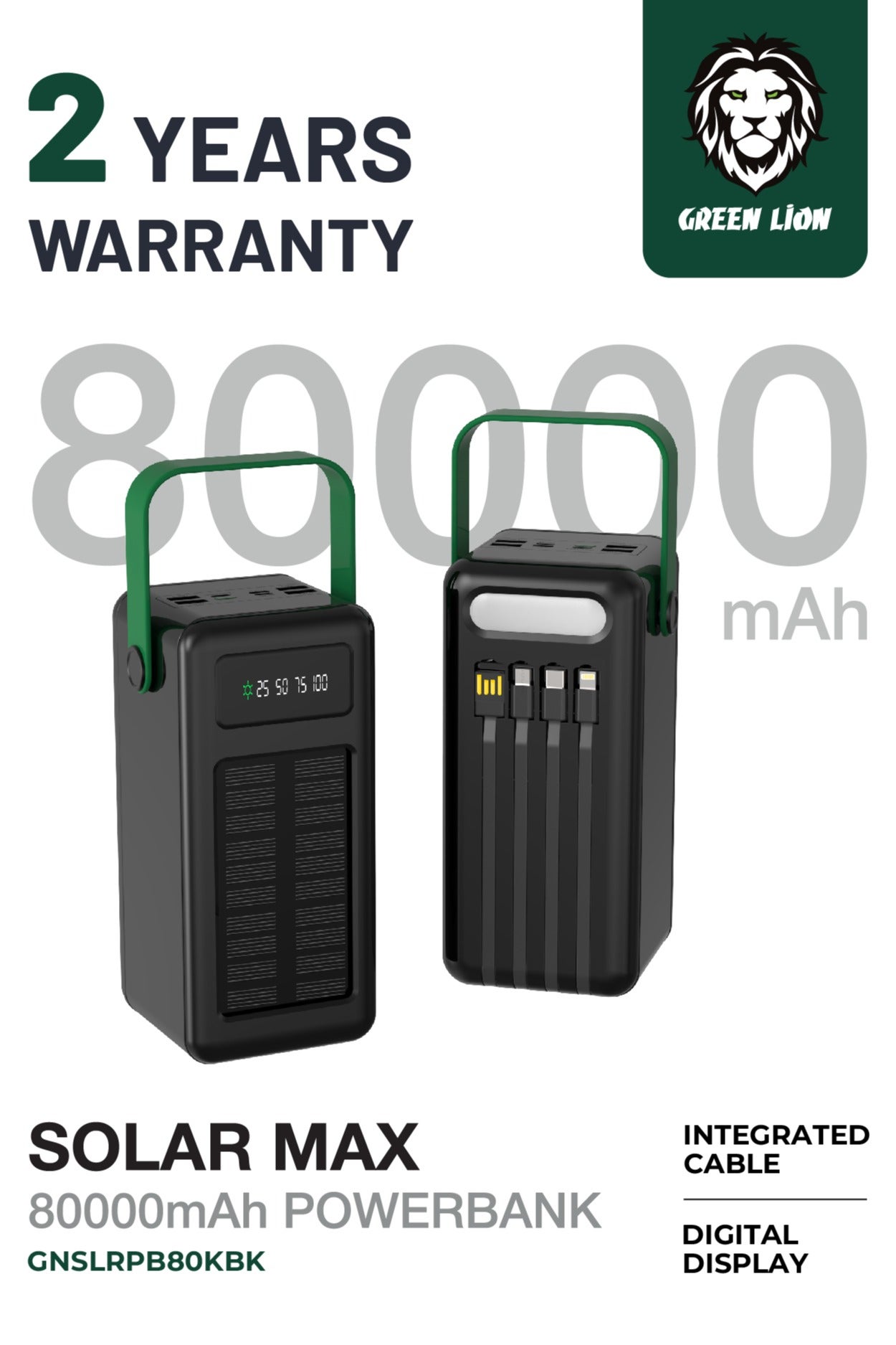 پاور بانک 80000mAh برند Solar Max با 4 کابل داخلی، خروجی USB-C و USB-A و لایتنینگ و میکرو، نمایشگر دیجیتال، شارژ سریع، شارژر خورشیدی قابل حمل برای کمپینگ در فضای باز برند green lion