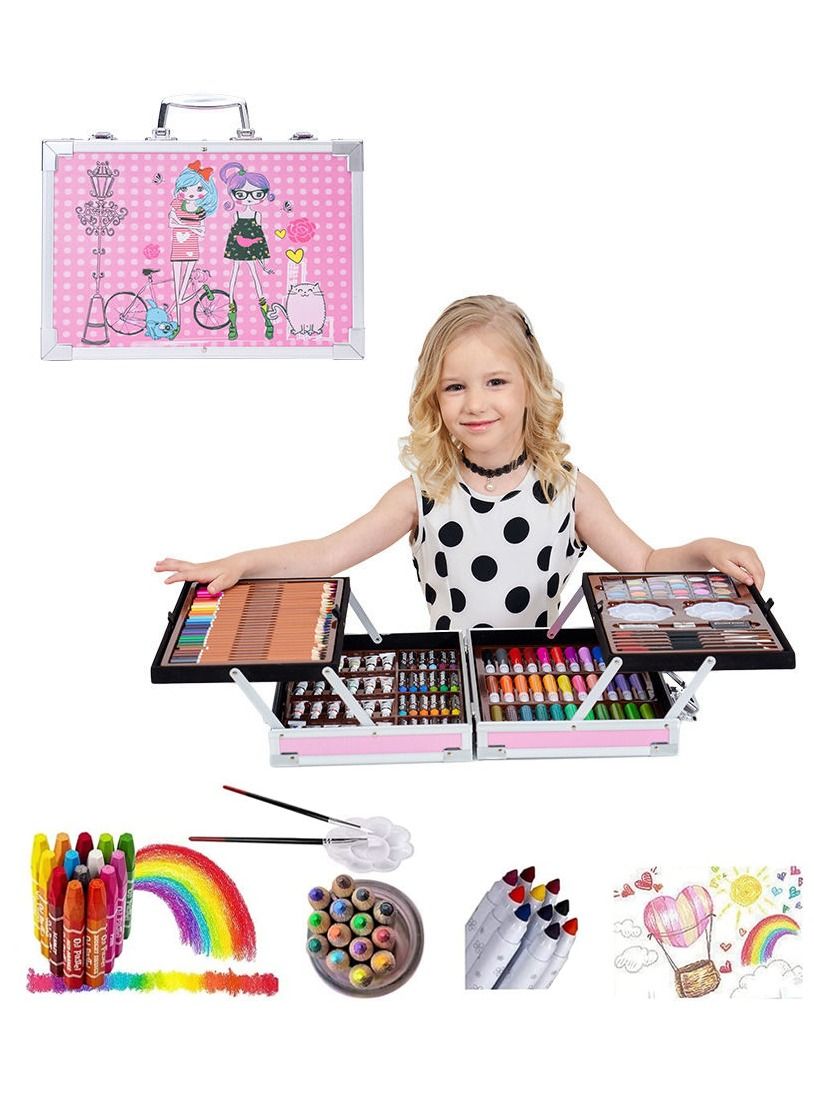ست هنری ۱۴۵ تکه با جعبه قابل حمل، ست طراحی حرفه‌ای برای کودکان، نوجوانان و بزرگسالان شامل مداد رنگی، رنگ‌های آبرنگ، پاستل روغنی برند generic