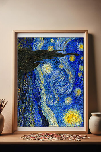 پازل چوبی بزرگسالان شب ستاره‌ای ون گوگ - پازل با قطعات منحصر به فرد و چسب دار R1-12