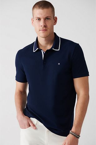 تی‌شرت مردانه یقه‌ polo جنس 100% پنبه با رنگ سرمه‌ای و دکمه‌دار A31y1175
