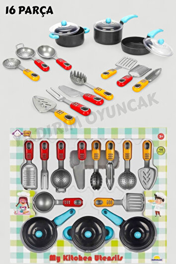 ست وسایل آشپزخانه 16 پارچه - ست بازی تابه و قابلمه 16 پارچه