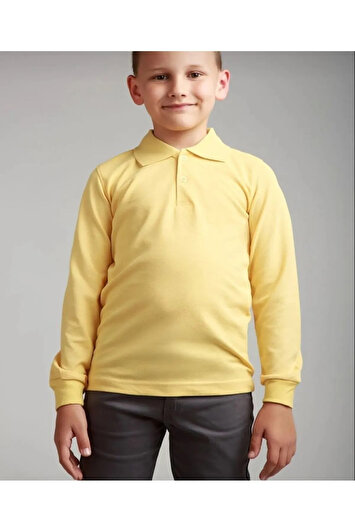 تیشرت بچگانه یقه پولویی روزمره-مدرسه با دو دکمه آستین بلند - زرد - برند ASTPSAKP