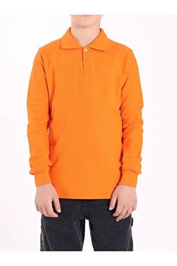 تی‌شرت آستین بلند بچگانه رنگ نارنجی با یقه پوlo و دو دکمه - برند ASTPSAKE