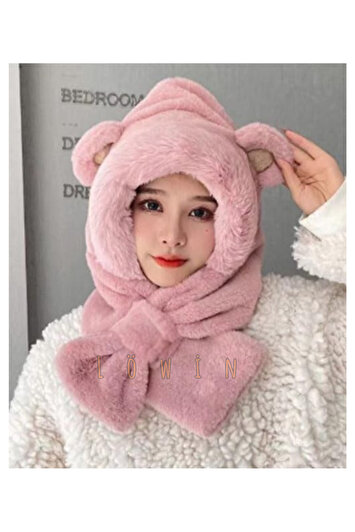 کلاه و شال دو در یک برند با جزئیات گوش | کلاه زمستانی نرم و گرم برند löwin 2224101601