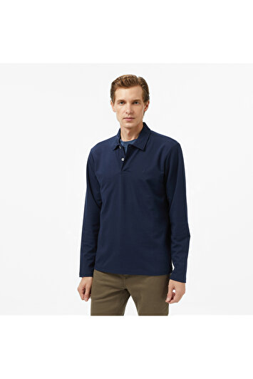 تی‌شرت یقه‌دار مردانه آبی تیره کلاسیک فیت آستین بلند