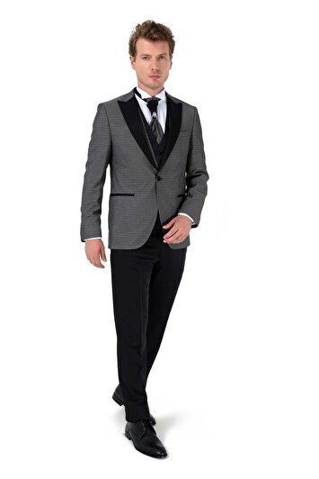  کت و شلوار دامادی با جلیقه، رنگ سرمه‌ای تیره، مدل نیویورک برای آقایان