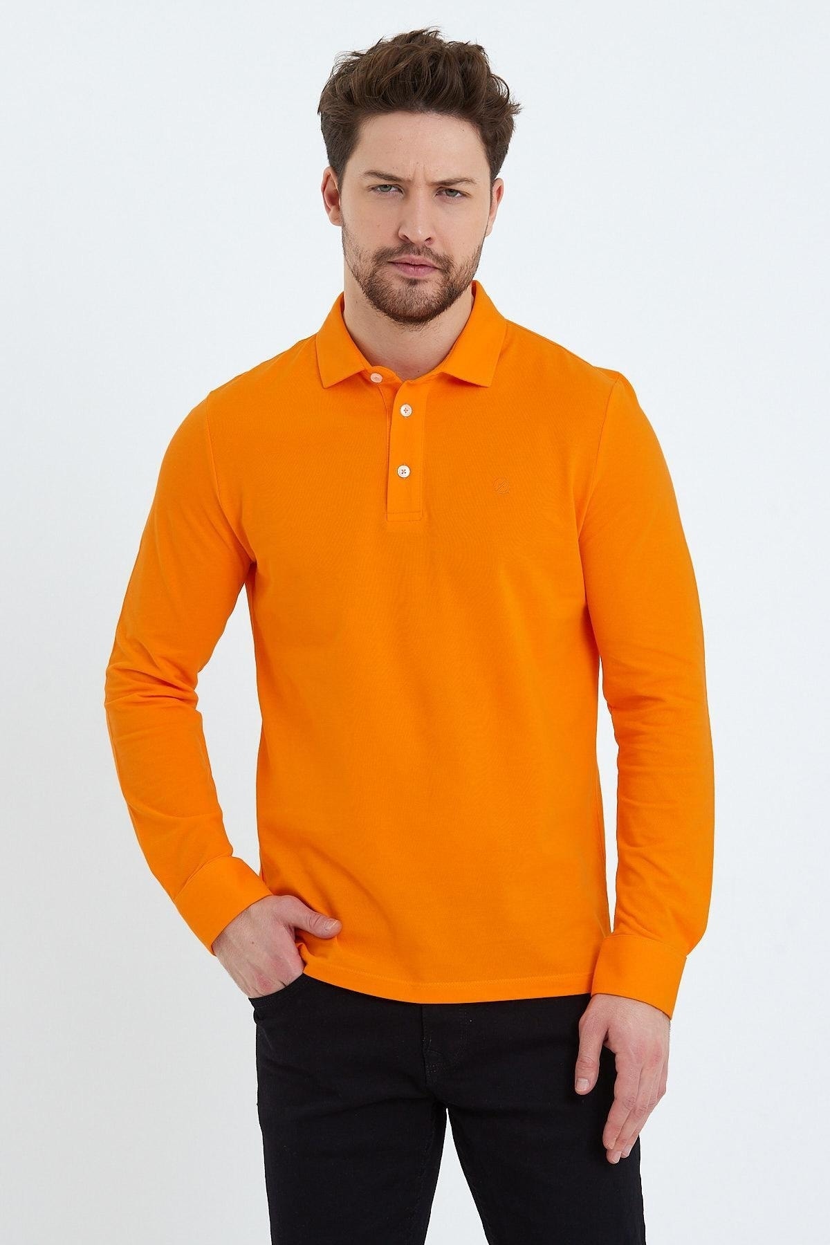 تی‌شرت مردانه یقه‌پولویی راحتی با آستین بلند، رنگ مشکی برند enque